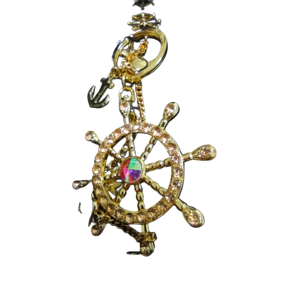 Gold Nautical Wheel Keychain Figaro NIB